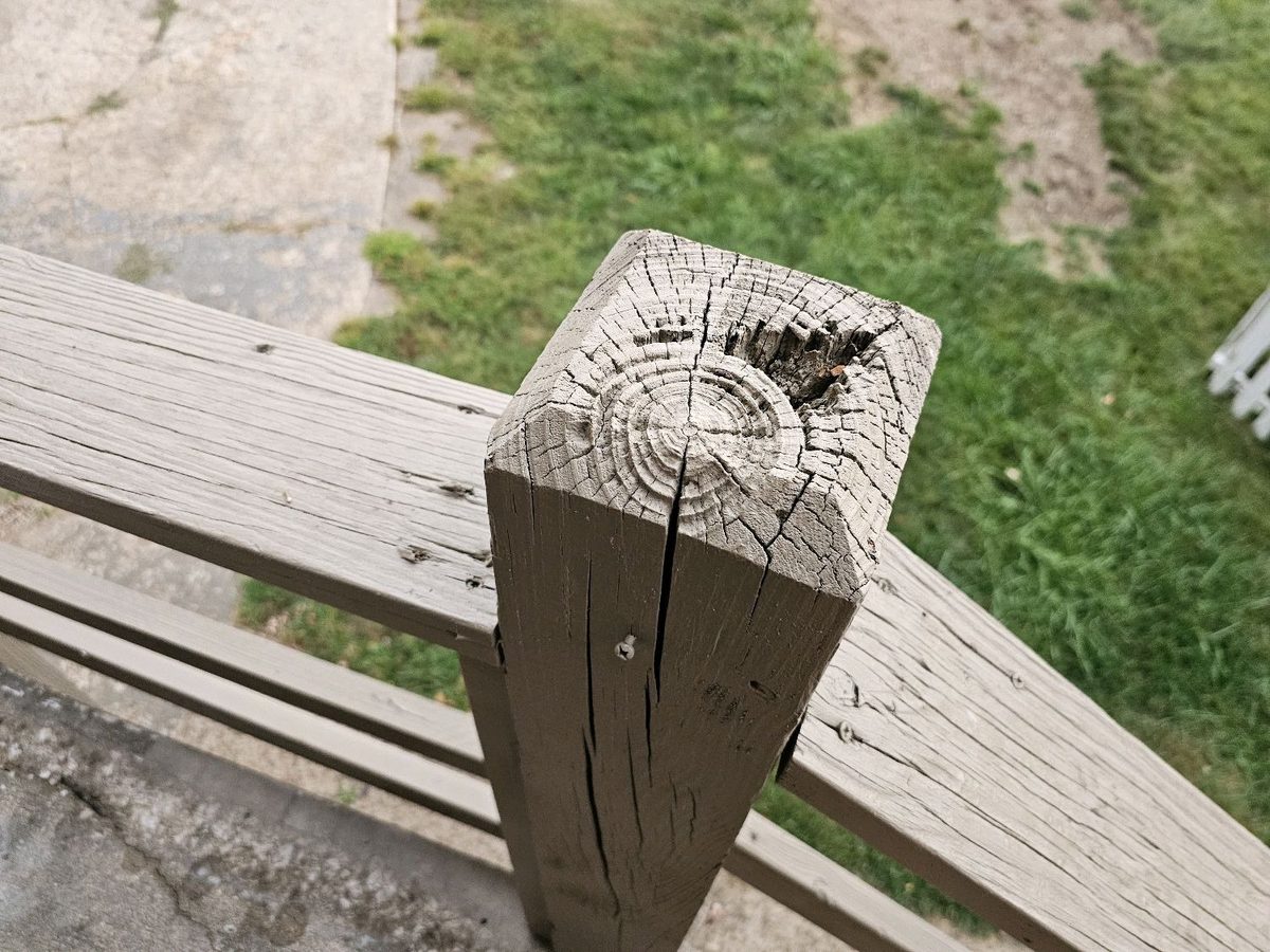 Rot on the top of a deck guardrail post found during a home inspection in Gladstone, MO